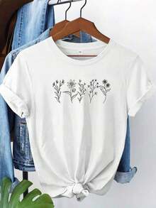 [Floral Print T-Shirt] - Floral Print T-Shirt, Casual Short Sleeve Round Neck Top For Spring/Summer, Women's Clothing L3 Suitable As A Gift. Women's T-Shirt. Blouses>Elegant. Boho Chic, Soft, Breathable And Comfortable Women's Top, Ideal For Spring, Summer And Autumn, Perfect For Vacation, Travel And Everyday Wear. - 白色 - 查看 1