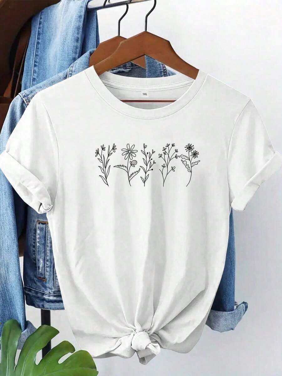 [Floral Print T-Shirt] - Floral Print T-Shirt, Casual Short Sleeve Round Neck Top For Spring/Summer, Women's Clothing L3 Suitable As A Gift. Women's T-Shirt. Blouses>Elegant. Boho Chic, Soft, Breathable And Comfortable Women's Top, Ideal For Spring, Summer And Autumn, Perfect For Vacation, Travel And Everyday Wear. - 白色 - 查看 1