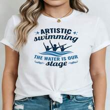 Women's Artistic Swimming 'The Water Is Our Stage' Cotton T-Shirt, Short Sleeve Round Neck Casual Top - 白色 - 查看 1