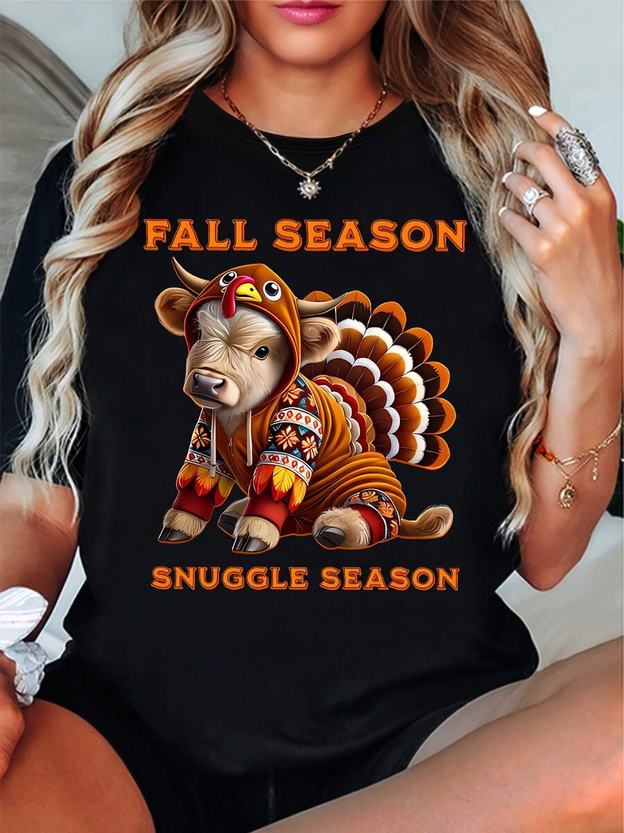 1 pieza Autumn Snuggle Season, divertida camiseta con estampado de vaca y pavo, 180g, 100% algodón - Negro - Ver 1