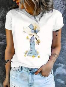 1 camiseta casual de manga corta para mujer, 100% algodón grueso - cuello redondo cómodo, suave y bonita, 180g 100% algodón. - Negro - Ver 9