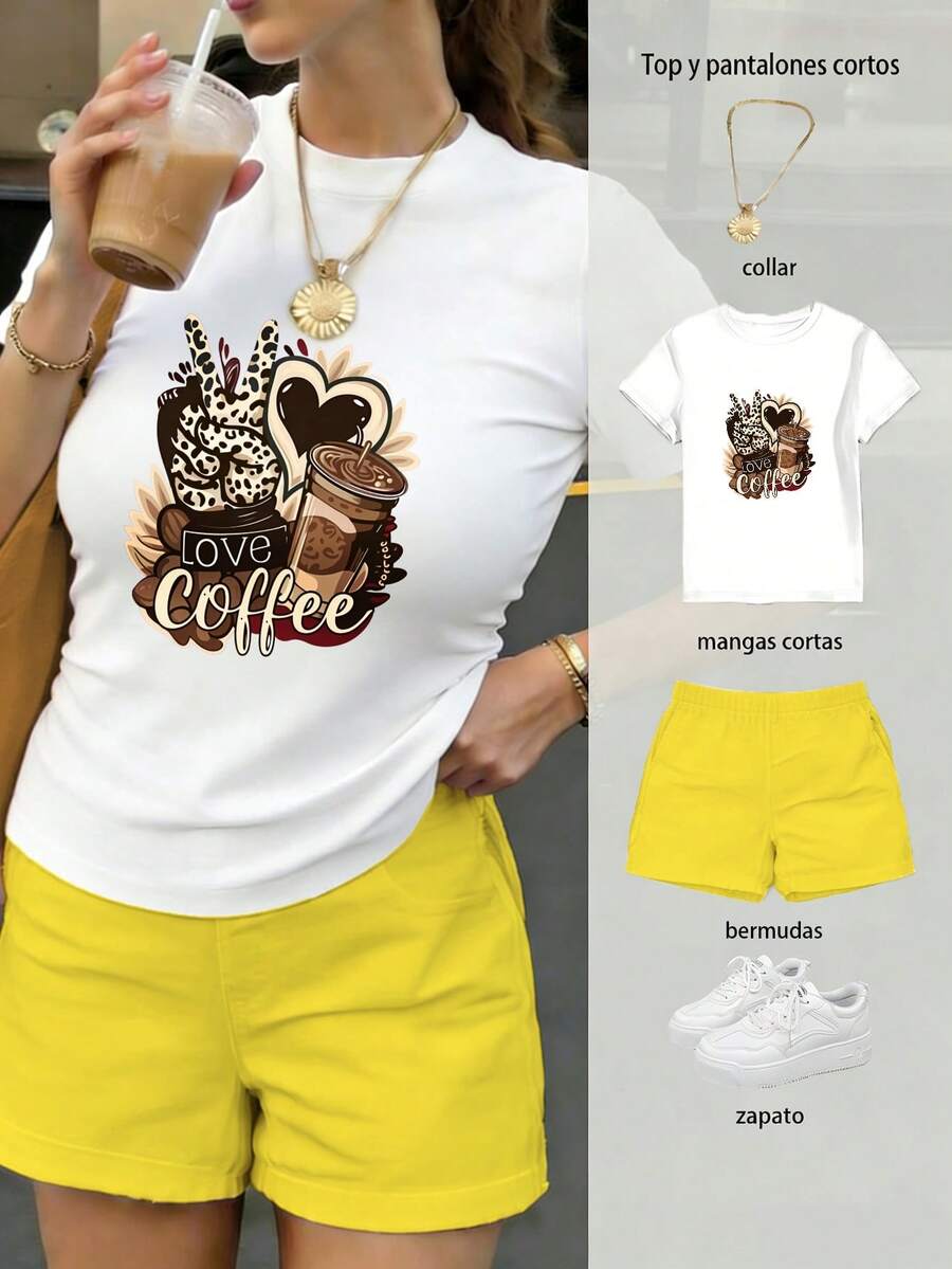 Conjunto de blusa y pantalones cortos para mujer, artesanía de estampado térmico de alta definición, patrón de taza de café con corazón y mano de leopardo, combinación de tonos café a la moda - Camiseta blanca + pantalón corto amarillo - Ver 1
