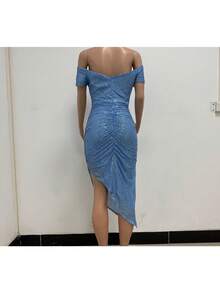 Women's Champagne-Colored Sequined Dress, Off-Shoulder Draped Design, Asymmetrical Side Slit, Stretchy Shiny Fabric Ideal For Summer Parties, Weddings As A Guest And Elegant Outdoor Dinners, Sexy Glamorous Style Perfect For Celebrations And Formal Events - 天藍色 - 查看 3