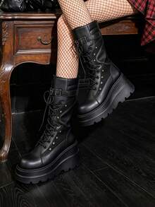 Women's Y2K Goth Cosplay Combat Boots Fashion Stylish Punk Rivet Buckle Platform Wedges High Heels Lace-Up Zip Mid Calf Boots - Black - View 8