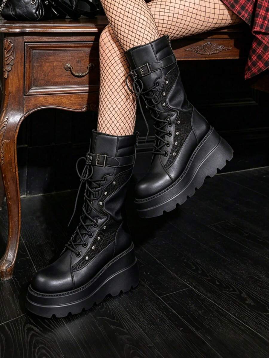Women's Y2K Goth Cosplay Combat Boots Fashion Stylish Punk Rivet Buckle Platform Wedges High Heels Lace-Up Zip Mid Calf Boots - 黑色 - 查看 1
