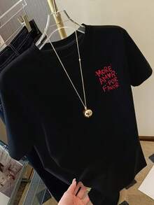 Short-Sleeved T-Shirt With Front And Back Print - More Love, Please Love The  Print - Women's T-Shirt With A Modern Print For Spring/Summer, A Fashionable Item. Elegant Party Outfit, T-Shirt For Elegant Ladies, Blouses Suitable For Curvy Women, Prom Skirts, Casual Wear - 黑色 - 查看 2