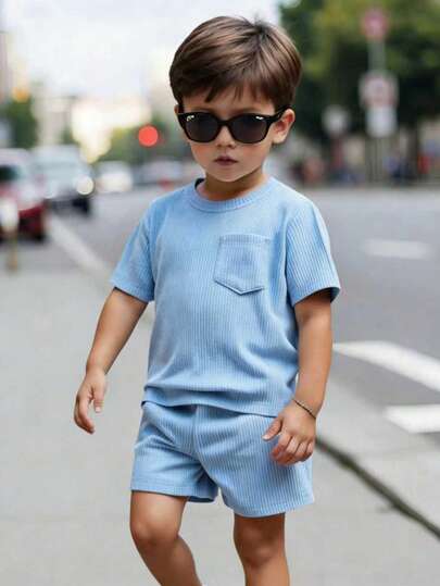 2pcs Young Boy Summer New Round Neck Short Sleeve Shorts Set, Solid Color With Pockets, Fashionable Casual