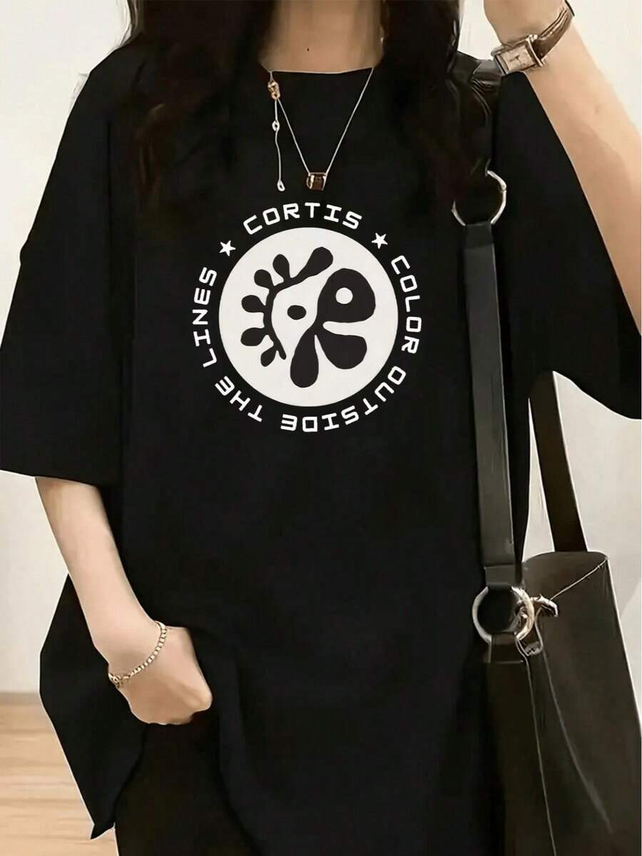 1 Piece Al-Hadar Women's T-Shirt - Cultural T-Shirt In Arabic, Soft Cotton, Loose Fit, Short Sleeve, Round Neck, Casual, 180g, 100% Cotton - 黑色 17 - 查看 1