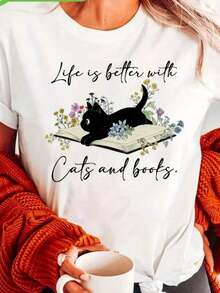 Women's Casual Short Sleeve T-Shirt, Round Neck, Sardine Style Cartoon Print, Summer Clothes For Women, Harajuku T-Shirt - 白色 5 - 查看 1