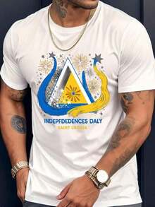 Men's T-Shirt For Saint Lucia Independence Day - National Flag Fireworks Print And Triangle Star, Short Sleeve, Crew Neck, Casual Style For All Seasons, Machine Washable, Ideal For Parades, Cultural Events And Casual Wear. - 白色 - 查看 1