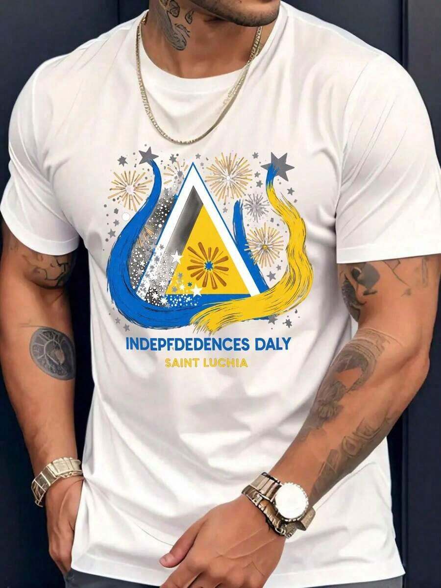 Men's T-Shirt For Saint Lucia Independence Day - National Flag Fireworks Print And Triangle Star, Short Sleeve, Crew Neck, Casual Style For All Seasons, Machine Washable, Ideal For Parades, Cultural Events And Casual Wear. - 白色 - 查看 1