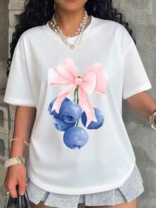 Women's Casual White T-Shirt With Blueberry Print And Pink Bow, Casual Summer Top For Girls, Fruit Graphic Design T-Shirt, Plus Size Soft Cotton T-Shirt For Teens And Young Women. - 白色 - 查看 1