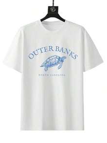 Women's Retro Ocean Animal Turtle Er Bank Print Short-Sleeve T-Shirt, Suitable For All Seasons, Made Of 100% High-Quality Pure Cotton Comfortable Fabric, Casual And Versatile Women's Everyday Top, Machine Washable And Durable, Round Neck Door T-Shirt, Suitable For Beach Vacation Wear. Y2Y-Summer Tops - 白色 - 查看 3