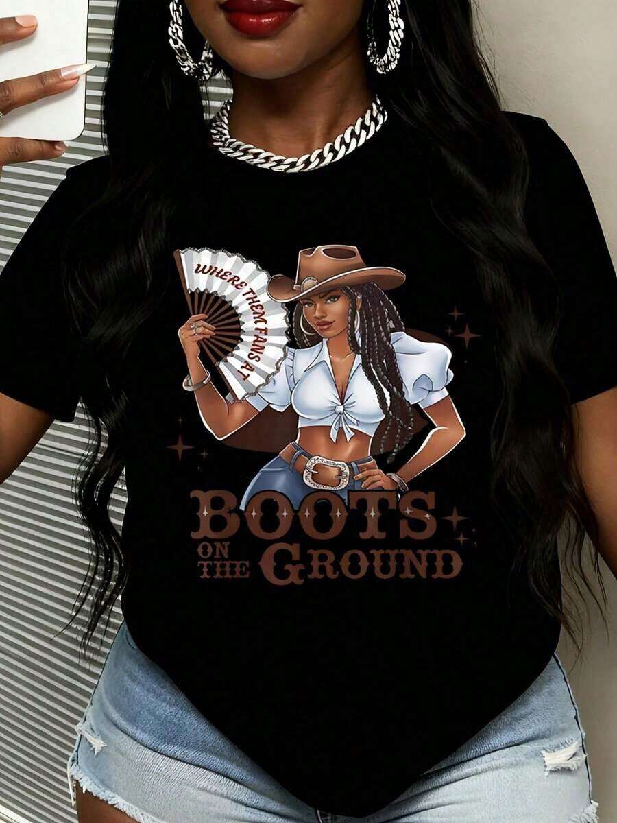 Women's Clothing Denim T-Shirt With Graphic Print Of Boots On The Ground And Fan Design For Western Fashion Events And Country Music Women's Shirts - 黑色 - 查看 1