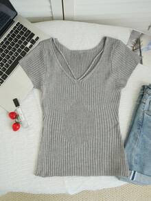 New Solid Color Versatile Slim Fit Waist Cinched Cap Sleeve Knit Top, Spring/Summer - Gray - View 5