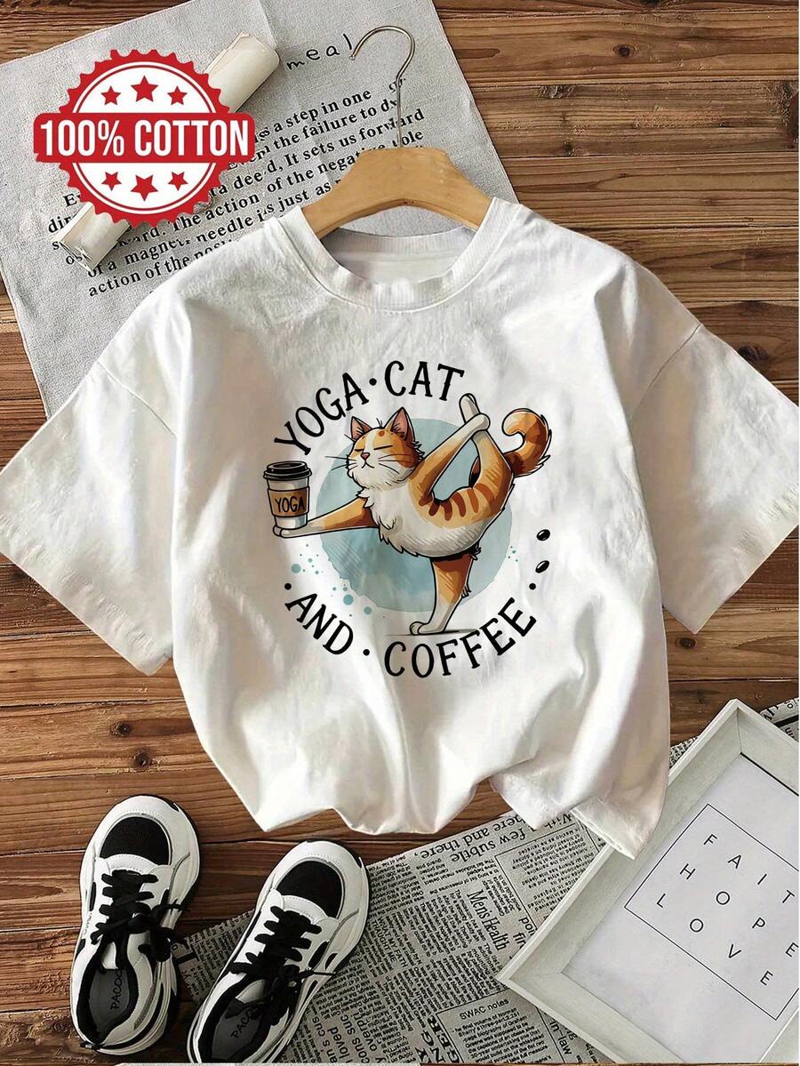 Casual Short-Sleeved T-Shirt With Round Neck And Yoga Cat Print With Coffee, 100% Cotton, Ideal For Summer And Spring, Women's Clothing - 白色 - 查看 1