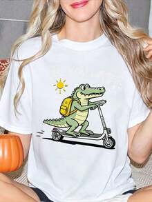 Women's T-Shirt With Crocodile And Scooter Print, Casual Style, Round Neck, Short Sleeve, Soft, Comfortable, Simple, Fashionable, Summer Gift For Friends, Best Gift For Friends On June 16th, Graduation 2026 And Birthday, Women's Clothing, Printed Blouses - 白色 - 查看 6