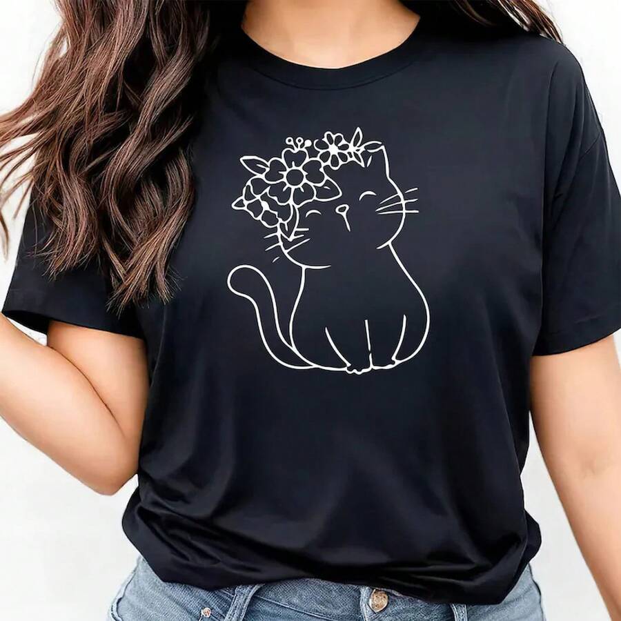 Un Deux Trois T-Shirt, Gifts For Cat Lovers, Cat T-Shirt, T-Shirt For Dad Cat, T-Shirt For Mom Cat, Floral Cat Print T-Shirt - 黑色 - 查看 1