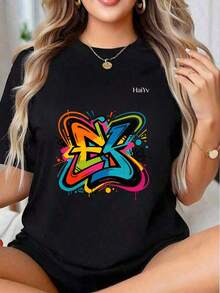 Limited Time Offer, Limited Quantity Available, Flash , Women's Shirts, Women's T-Shirts. Women's Oversized Black T-Shirt, Short Sleeve, Round Neck, Colorful Graffiti Letter Print, Casual Street Style For Everyday Wear - 黑色 - 查看 4
