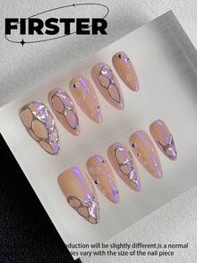 10 pièces Ongles artificiels roses et nus pressés à la main de taille moyenne, manucure métallique et strass d'été, finition brillante, ongles acryliques réutilisables, convient pour un port quotidien - Multicolore - Voir 2