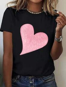Women's Cotton T-Shirts - Women's Boho Chic Short Sleeve Graphic T-Shirt - Round Neck Blouse With Black And Pink Heart Print, Casual Chic Top For All Seasons, Machine Washable For Daily Wear And Special Occasions, Versatile Clothing, Artistic Design, Soft Material, Elegant Shirt, For Fashion Lovers, Shirt, Comfortable Material, Printed Blouse, Fashionable Basic Blouses For Women. - 黑色 - 查看 2