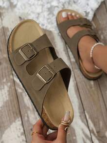 Women's Sandals Flats Soft Open Toe Summer Slide With Adjustable Buckle Slippers Shoes - Nâu sẫm - Xem 1