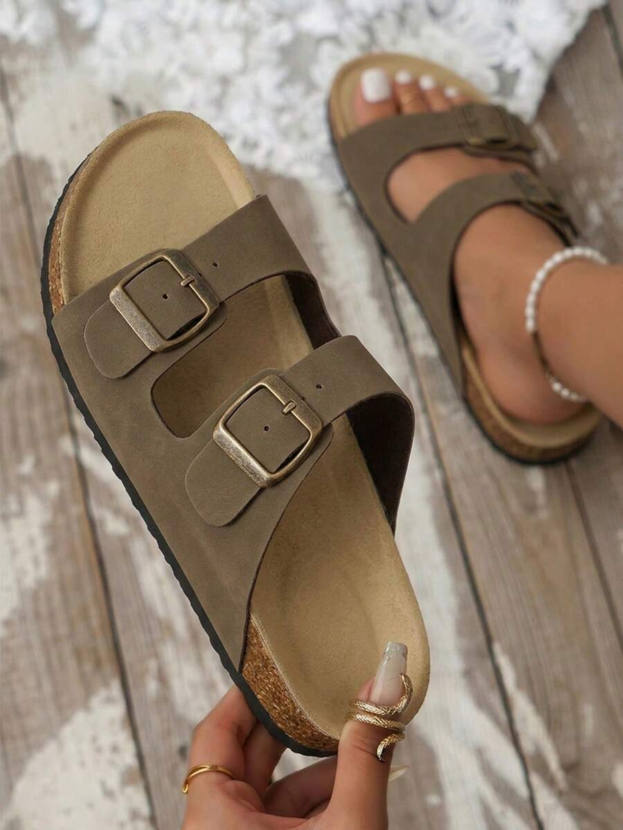 Women's Sandals Flats Soft Open Toe Summer Slide With Adjustable Buckle Slippers Shoes - Nâu sẫm - Xem 1