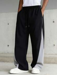 Men's Vintage Streetwear Casual Long Pants, Spring/Autumn Colorblock Patchwork Loose Straight Leg Wide Leg Sweatpants - Black - View 1