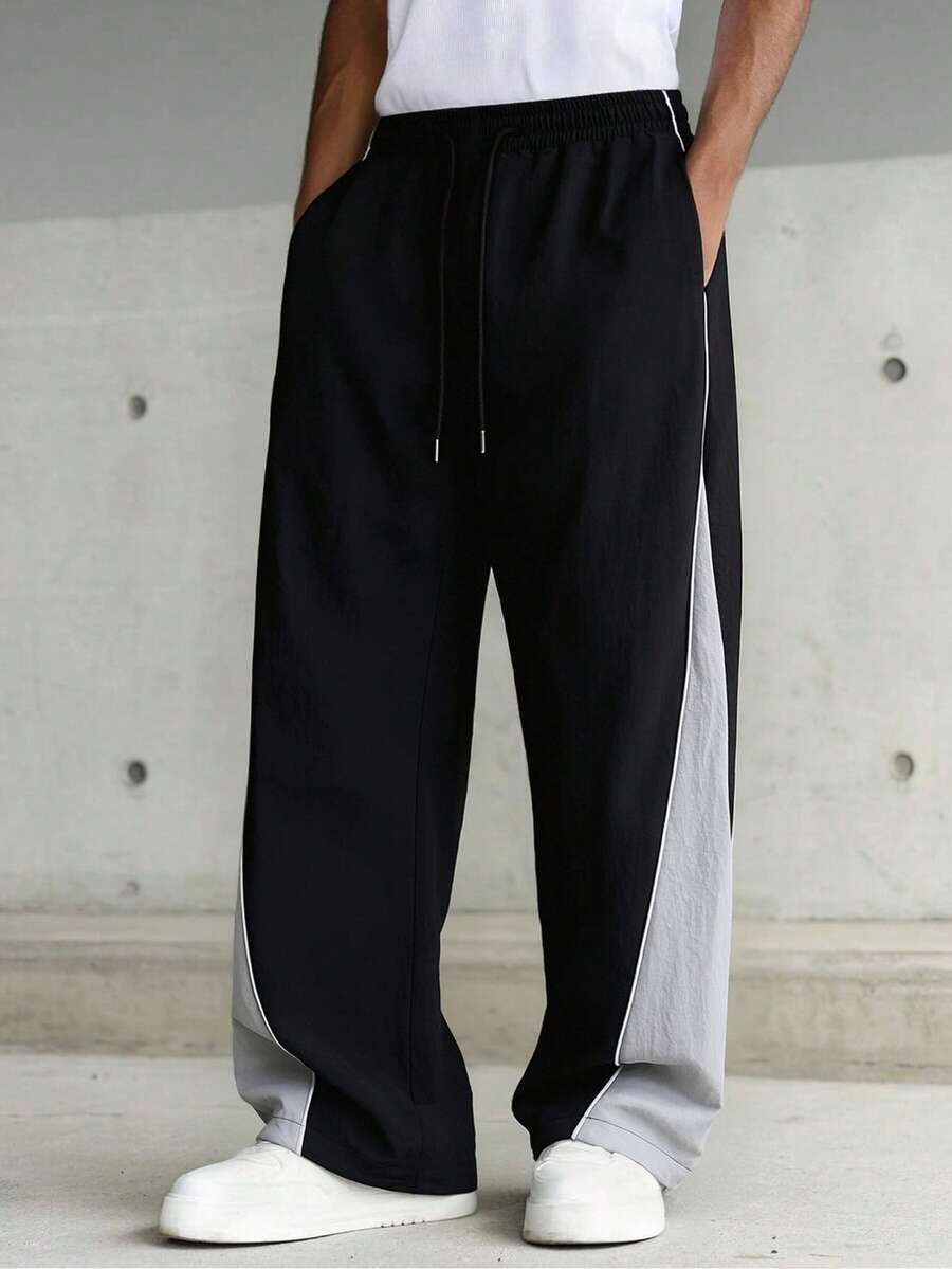 Men's Vintage Streetwear Casual Long Pants, Spring/Autumn Colorblock Patchwork Loose Straight Leg Wide Leg Sweatpants - Black - View 1
