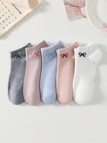 5雙女款多色蝴蝶結圖案短襪，休閒時尚低筒船襪，適合四季穿著 - 彩色 - 查看 13