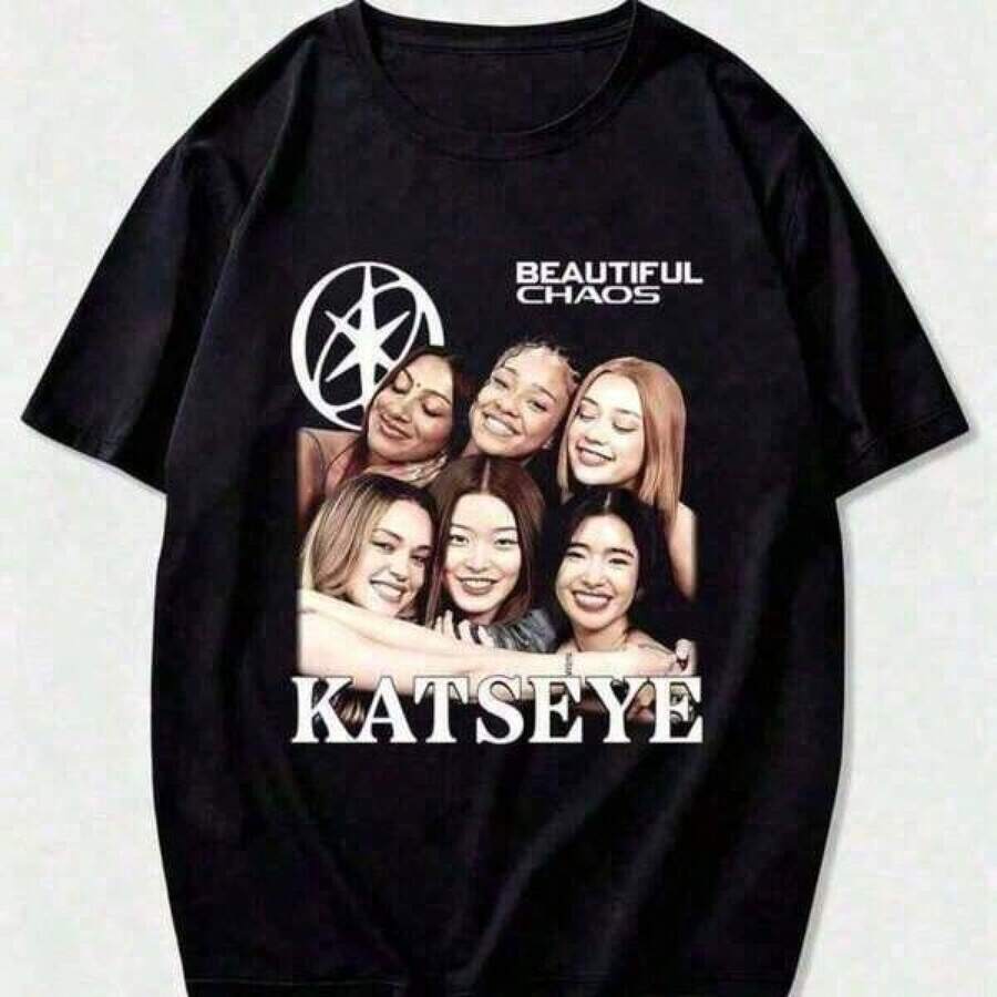 Katseye Men's Pink Graphic T-Shirt, Vintage Graphic Tee, Beautiful Casual Short Sleeve T-Shirt Suitable For Young Girls, Fun Fashion T-Shirt For Spring And Summer, Women's Blouses, Blouses, Casual Blouses For Ladies, Casual Blouses For Ladies, Women's Tops, Tops, Unisex. - 黑色 - 查看 1