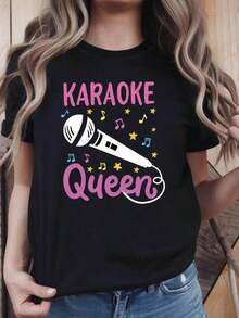 Women's Cotton Round Neck Casual T-Shirt, Women's Karaoke Queen Theme T-Shirt With Microphone And Musical Note Decorations, Casual Short Sleeve, Pink And White, Lively And Fun Style, Karaoke Party Top, Simple T-Shirt For Everyday Wear - 黑色 - 查看 1