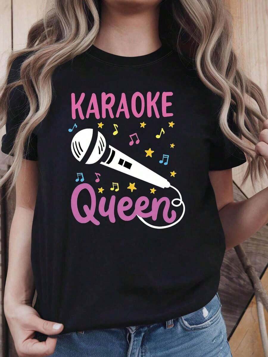 Women's Cotton Round Neck Casual T-Shirt, Women's Karaoke Queen Theme T-Shirt With Microphone And Musical Note Decorations, Casual Short Sleeve, Pink And White, Lively And Fun Style, Karaoke Party Top, Simple T-Shirt For Everyday Wear - 黑色 - 查看 1