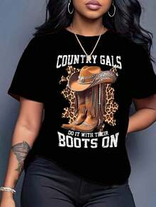 Women's Cotton Crew Neck Casual T-Shirt, Oversized T-Shirt With Country Western Graphic Design For Women - Orange T-Shirt With Cowboy Boot And Country Music Design - Casual T-Shirt For All Seasons And Concerts, Simple T-Shirt For Everyday Wear - 黑色 - 查看 1