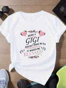 Women's Plus Size Mexican Graphic T-Shirt, 1 Piece, With 'Being A Gigi Makes Me Easter Earth Day' Print, Pink Hearts And Floral Print, Casual Short Sleeve T-Shirt, Machine Washable, Durable, For Spring, Summer And Autumn, Seasonal Fashion, 200GSM, Summer Fashion Cotton T-Shirt - 白色 - 查看 8