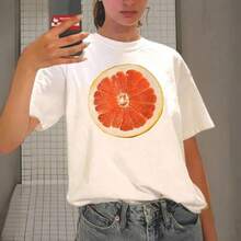 Green Printed T-Shirt With A Modern Design And Fruit Print, Popular In Harajuku, Casual Short-Sleeved Clothing With Vintage Aesthetic, Urban Style, Unisex, Loose, Cotton, With Round Neck. - 白色 - 查看 1