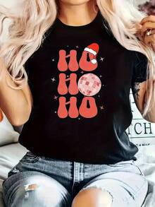 Women's Graphic Print T-Shirt, Short Sleeve, Round Neck, Casual Style, HO HO HO Design, Christmas Theme For Summer Clothes - Urban Vintage Style, Unisex, Loose Fit, Cotton, Short Sleeve, Round Neck. - 黑色 - 查看 2