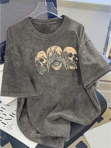 A Women's Modern Print Washed Cotton T-Shirt - 230g Thick Cotton, Urban Vintage Style, Round Neck, Short Sleeves, Machine Washable, Suitable For Casual Wear In Spring And Summer, A Unique Loose-Fitting T-Shirt For Women. - 灰色 - 查看 1