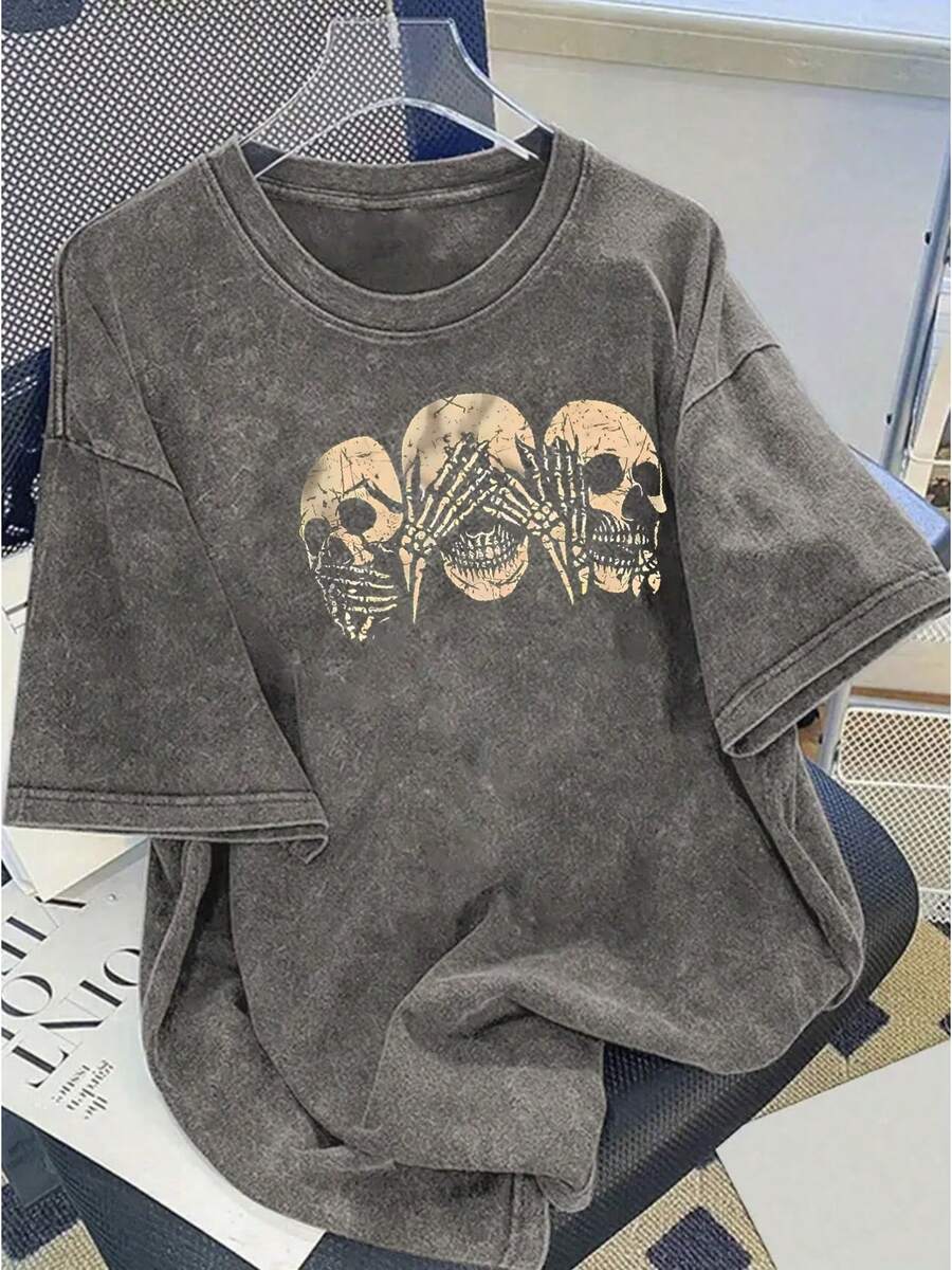 A Women's Modern Print Washed Cotton T-Shirt - 230g Thick Cotton, Urban Vintage Style, Round Neck, Short Sleeves, Machine Washable, Suitable For Casual Wear In Spring And Summer, A Unique Loose-Fitting T-Shirt For Women. - 灰色 - 查看 1