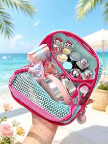 Bolsa de maquillaje de malla de dopamina con cordón (color aleatorio), bolsa portátil y transpirable para almacenamiento de cosméticos y lápiz labial, esencial para viajes - Multicolor - Ver 1