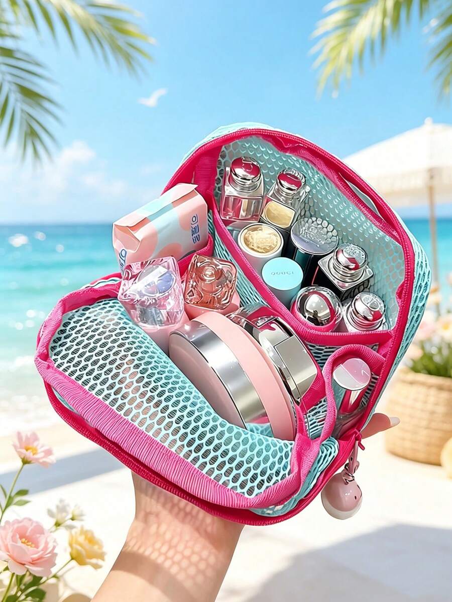 Bolsa de maquillaje de malla de dopamina con cordón (color aleatorio), bolsa portátil y transpirable para almacenamiento de cosméticos y lápiz labial, esencial para viajes - Multicolor - Ver 1