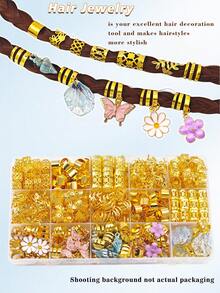 75pcs Floral Fantasy Hair Rings, Includes White Heart, Pearl, Daisy, Pink Butterfly And Camellia, Multi-Shape Adjustable Braided Hair Accessories - Gold - View 4