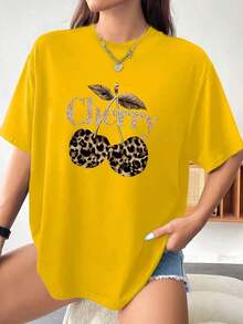 100% Cotton, 1 Piece, Plus Size - Women's Plus Size Casual Elegant Printed T-Shirt, 100% Soft Cotton, Women's Simple Solid Color T-Shirt, Loose And Slim Fit Casual Short Sleeve - 黑色 - 查看 5