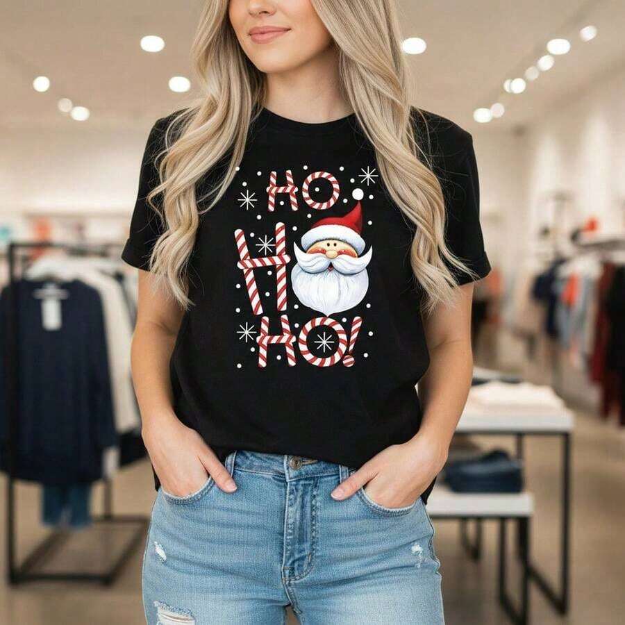 Women's Santa Claus Christmas Print Cotton T-Shirt, Short Sleeve T-Shirt With "Ho Ho Ho" Candy Cane Design, Loose Fit Casual Top, Sizes S-5XL, Christmas Party Gift, Soft And Breathable Pure Cotton Blouse, Festive Christmas Clothing For Women. - 黑色 - 查看 1