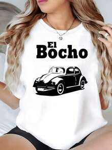 100% Cotton. Iconic Classic Car That Evokes Nostalgia And A Free Spirit With Smooth Lines And An Elegant Presence. Women's 100% Cotton T-Shirt. Women's Simple Solid Color T-Shirt, Loose And Slim Fit Casual Short Sleeve - 白色的 - 查看 1