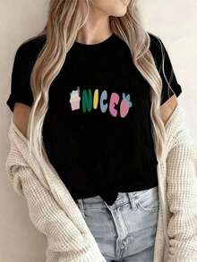 NIO Women's Premium And Comfortable Colorful Soft Letter Wave Platinum Blonde T-Shirt - Black Short Sleeve Top With Waist Tie, Blue Denim Long Pants, Cable Knit Cardigan, Casual Set, Gift Idea - 黑色 - 查看 7