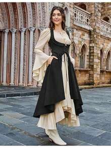 Women's Renaissance Peasant Dress, Pirate Style, Underbust Corset, Asymmetrical (High-Low) Skirt, With Pockets, Medieval Costume, Ideal For Renaissance Fairs, Theme Parties And Cosplay - Hitam - View 3