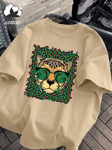 Maglietta casual da donna taglie forti con stampa leopardata e occhiali alla moda, scollo rotondo, maniche corte, per vacanze primavera/estate - Albicocca - Visualizzare 4