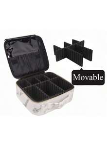 1pc Marble Pattern PU Cosmetic Storage Bag, Waterproof Travel Makeup Bag, Professional Portable Makeup Box, Embroidered Tool Organizer Box - Black - View 6