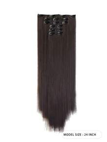 24 Inch 6pcs Black & Brown Straight Synthetic Hair Clip-In Hair Extensions, Natural Soft Dual-Layer Synthetic Fiber Wigs For Women - Black Brown - View 3